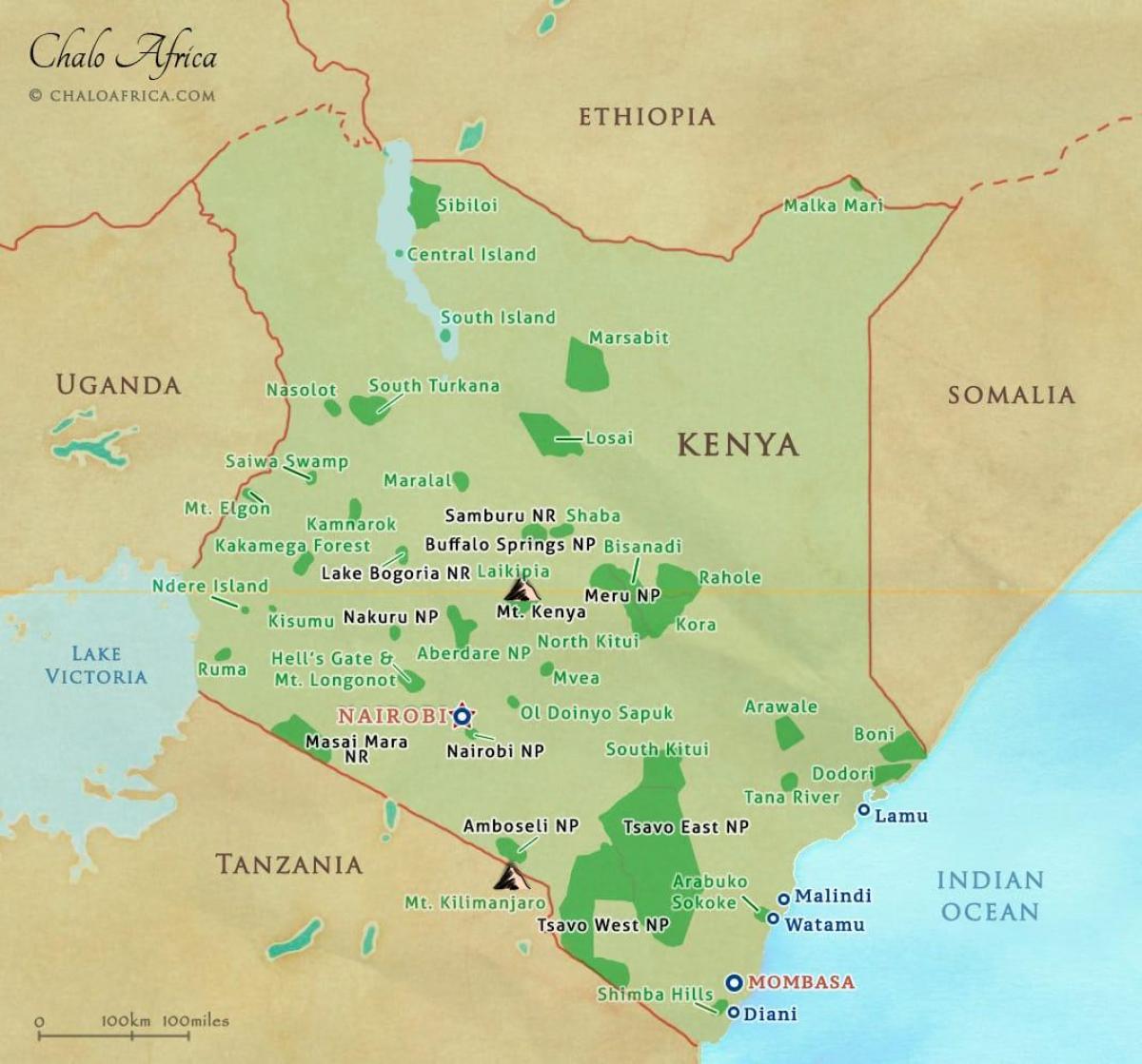mapa Keňa-národné parky a rezervy